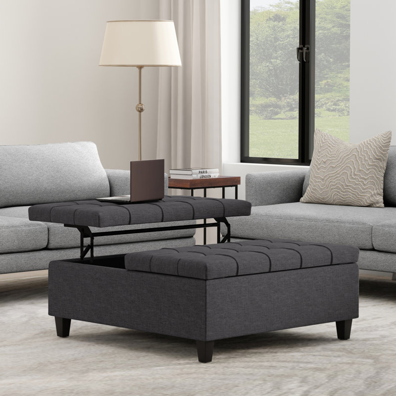 Harrison 40"W Upholstered Transitional Square Lift-Top Ottoman with Sturdy Base, Slate Gray Linen Look Fabric