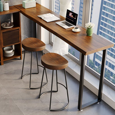 2-Person Nut-brown + Black Straight Solid Wood + Iron Bar Table Sets