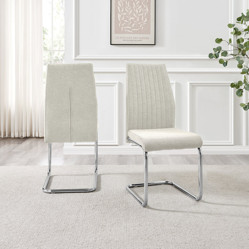 Loren Luxury Fabric Dining Chairs with Legs Upholstered Modern Design - Side Chair, Silver, Cream