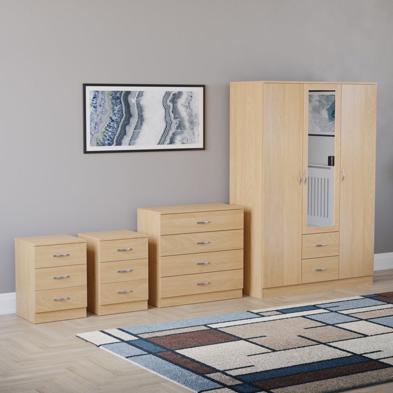 Tayce 4 Piece Bedroom Set (3 Drawer Bedside Chest X2, 4 Drawer Chest, 3 Door 2 Drawer Mirrored Wardrobe), Tan