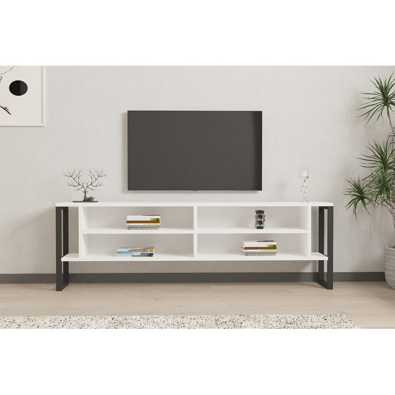 Modern TV Stand with Numerous Shelves, White, 63.0 x 19.8 x 19.5 inches | 100% Melamine Coated Particle Board, Thickness: 0.7 inches | Stylish Design with Additional Storage for Living Room & Entertainment Areas