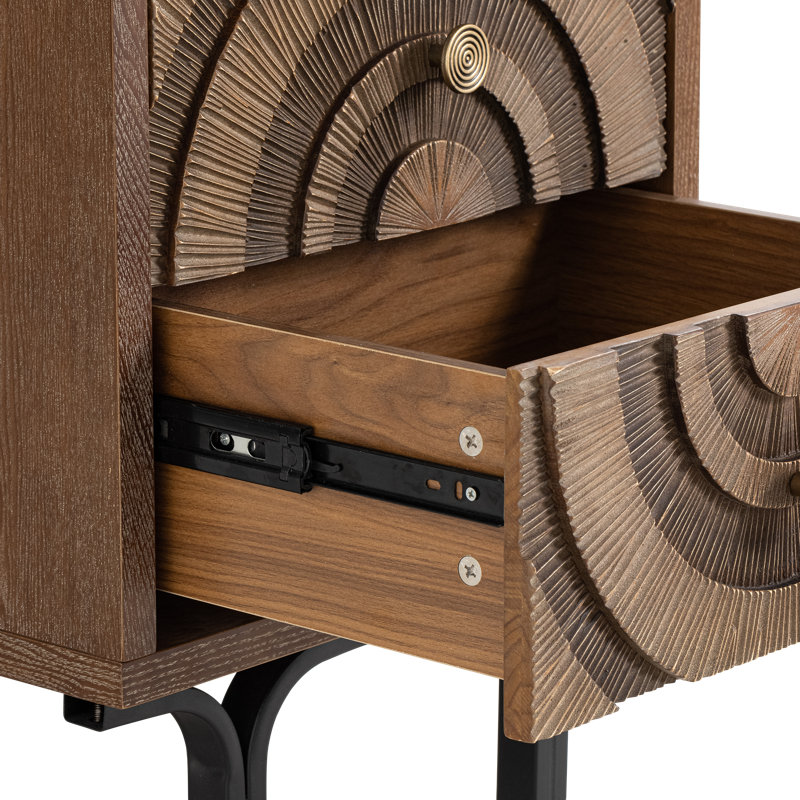 Irida Farmhouse Accent Wooden 2-Drawer Nightstand With Circle Pattern And Radioactive Wood Lines