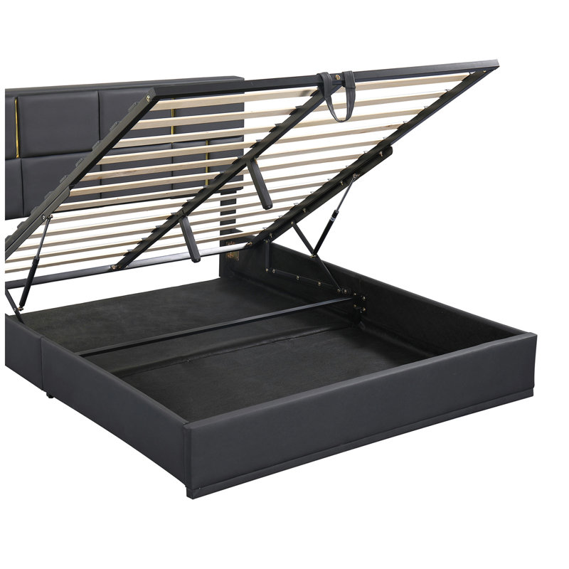 Grand lit plateforme tapissier avec système de rangement hydraulique, sans sommier, noir