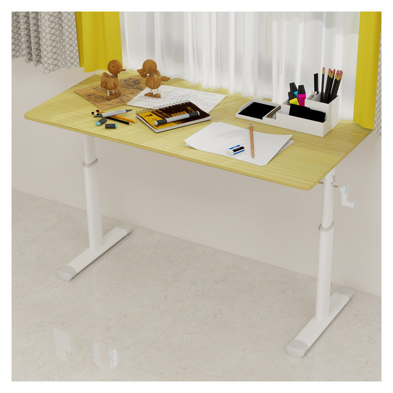 Bureau ergonomique à hauteur réglable - Bureau d'étude à manivelle avec bureau en bois naturel de 120 cm x 60 cm, structure blanche, design minimaliste pour adultes et enfants