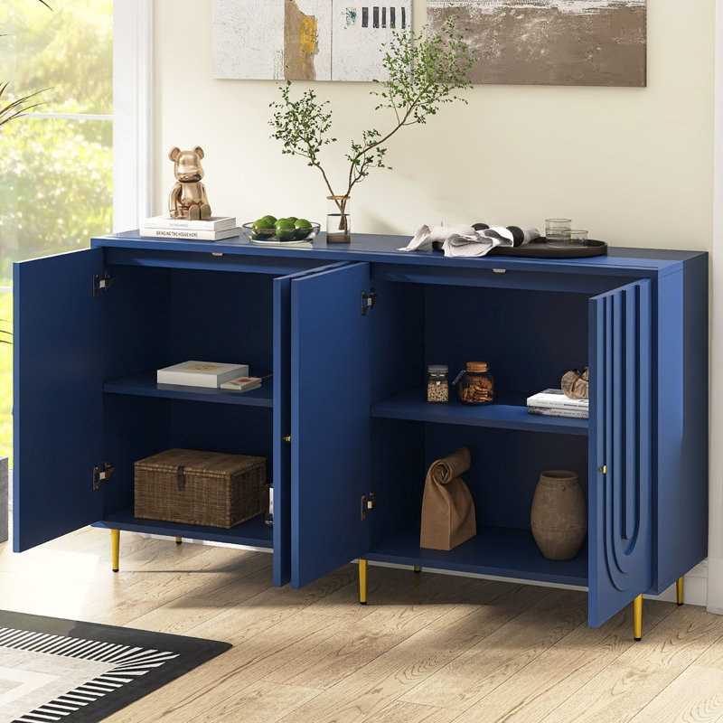 Buffet moderne à 4 portes l 60 po avec tablettes réglables, Bleu