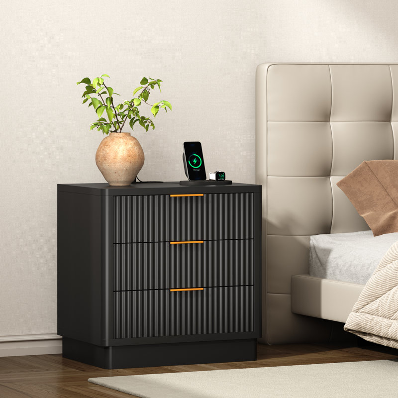 23.6" W 3-Drawer Nightstand with Charging Station, Black