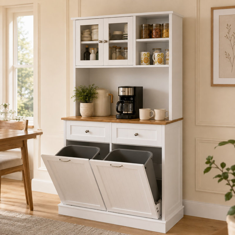 Armoire à déchets basculante 20 gallons avec tiroirs en bois, garde-manger, Blanc