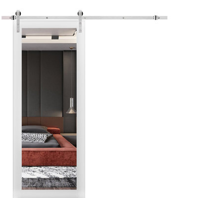 Sturdy Barn Door Lucia 1299 White Silk 6.6FT Rail Hangers Heavy Hardware Set Modern Solid Panel Interior Doors-30 x 96-Mirror-Silver Rail