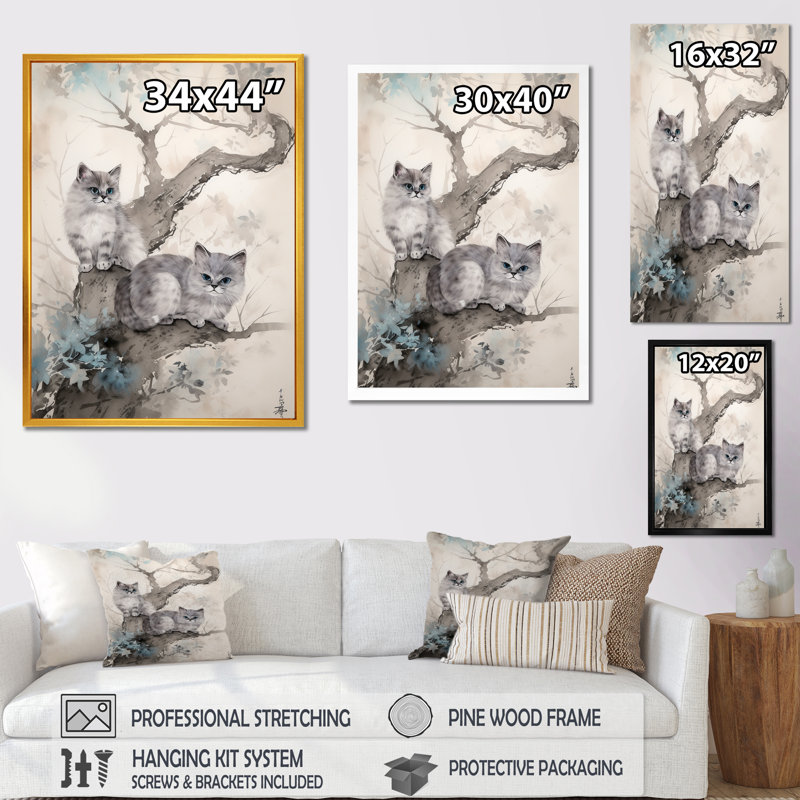 " Two Gray Cats In A Tree Vintage Painting ", 40" H x 30" W x 1.5" D, Gold Floater Framed