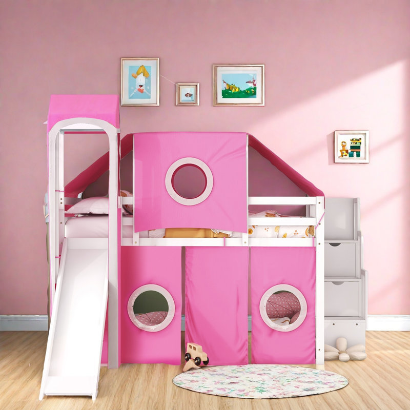 Verity Loft Bed With Tent And Tower, Rustic Pinewood And MDF, Twin, Pink
