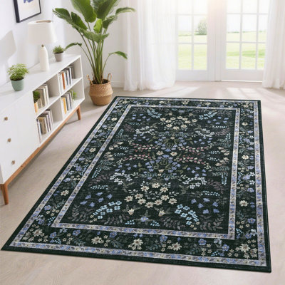 Tapis très grand 10 x 13 Tapis de ferme à motif floral antidérapant, lavable, pliable, mince, doux, sans perte de poils, à poils courts, imprimé à la ferme, pour les bureaux des hôtels, noir