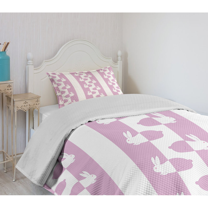 White Twin Girls' Polyester Bedspread Set with Bunny Rabbit Design
