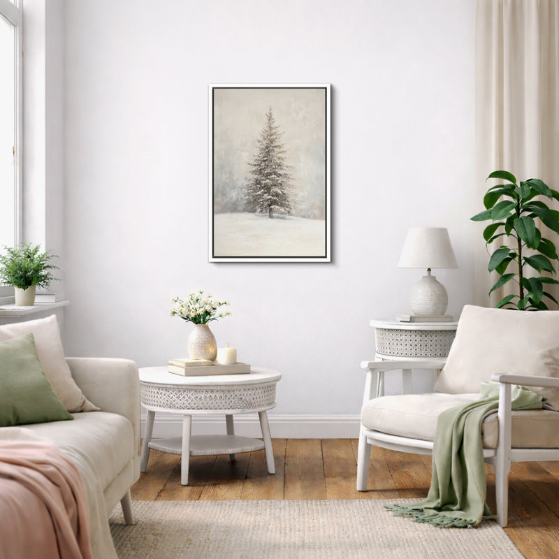 Œuvre de sapin enneigé enneigé, photos murales neutres de vacances rustiques modernes, impression sur toile encadrée