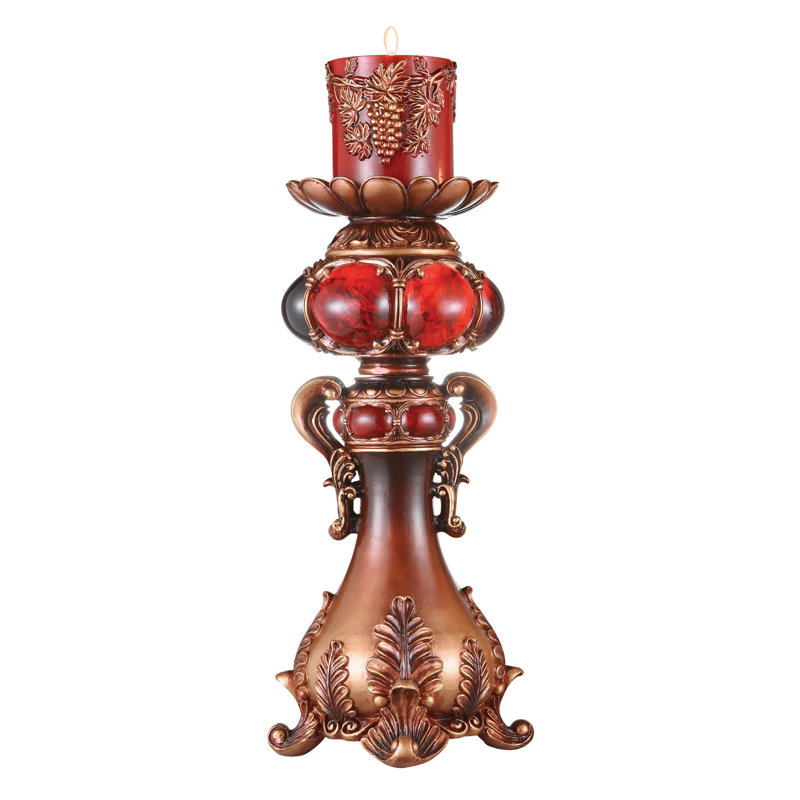 Tall Red and Brown Faux Marble Candle Holder with Candle, 16" H x 7" W x 7" D