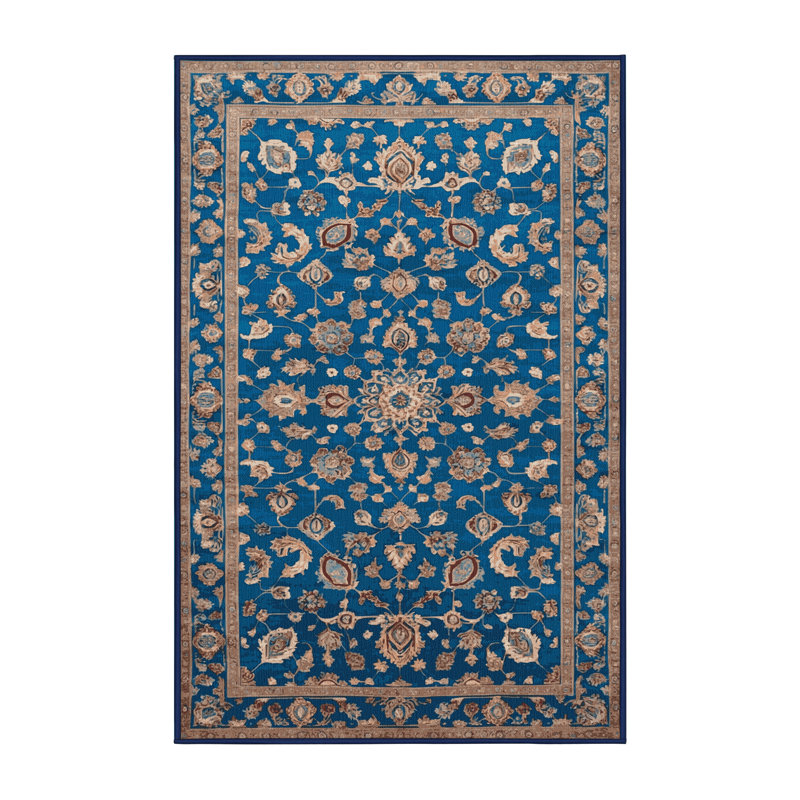 Tapis bleu Tabriz lavable à la machine, Rectangulaire 3 pi x 5 pi