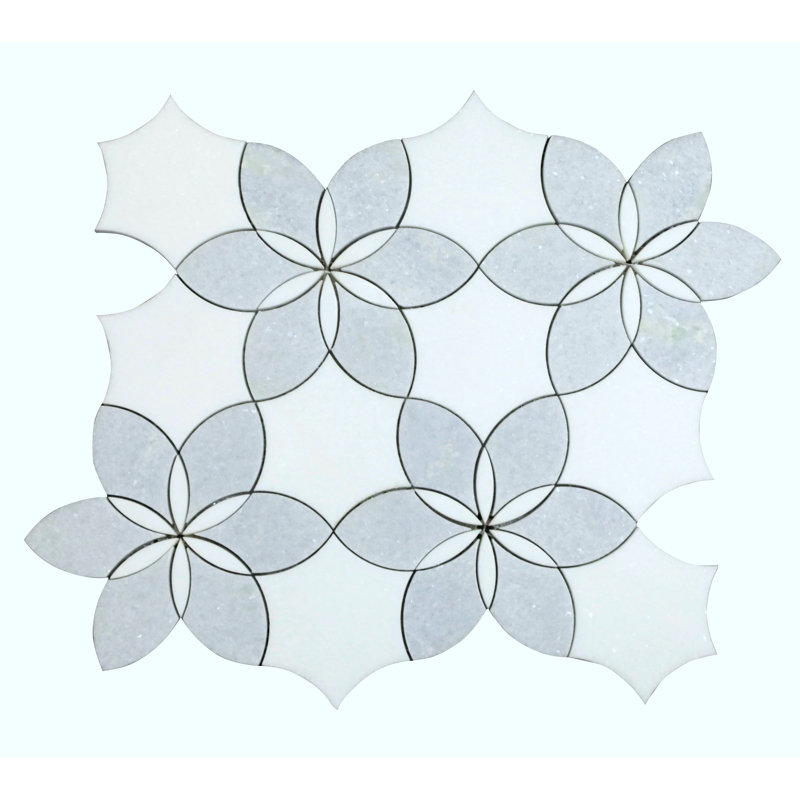 Water Jet - Marble Daisy Flower Pattern Mosaic Wall & Floor Tile, White/Blue