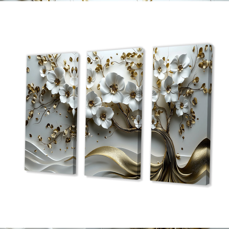 Ensemble de décorations murales cerisier blanc et or blanc I - Cherry Blossom, Toile tendue, H 60 po x l 84 po x P 1,5 po