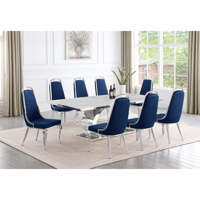 Bankston Marble Top Pedestal Dining Set, Navy/Silver, 9, Silver