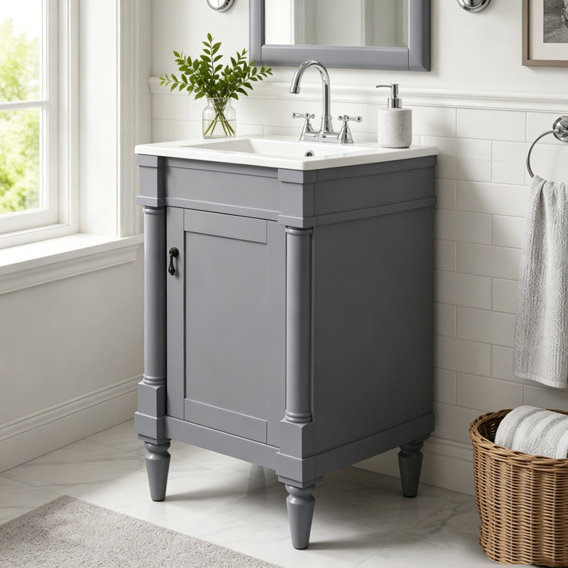 Meuble-lavabo compact avec lavabo, portes à fermeture en douceur et tablette réglable, 47,62 lb gris