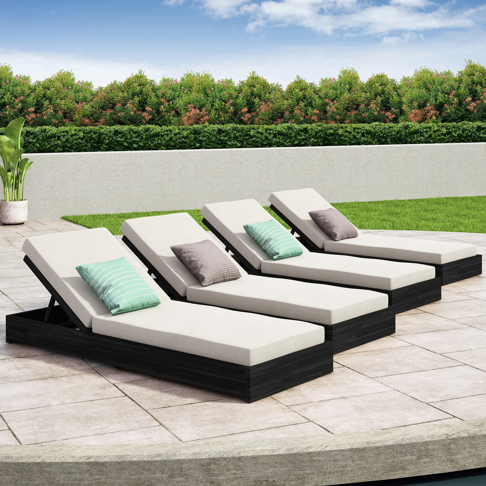 Donnie 30" Acacia Patio Chaise Lounge Set, Cream Cushion/Black Frame, Set of 4
