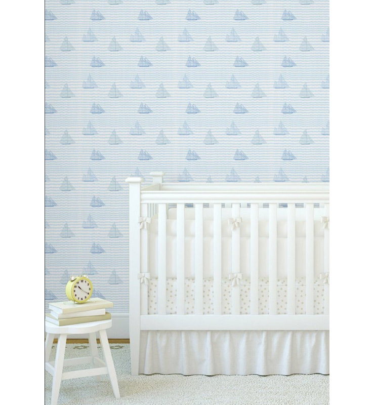 Kids Sailboats 10' L x 24" W Peel and Stick Wallpaper Tile, Blue, Self-adhesive, Vinyl