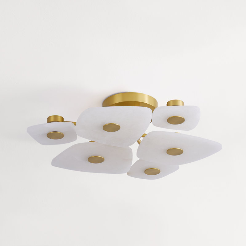 Aged Brass 6-Light LED Semi-Flush Mount with Alabaster Shades