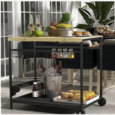 Outdoor bar cart, pushcart-style terrace rolling service cart, with side handle, 2 baskets, 4 wine glass holders, suitable for gardens and restaurants, natural style