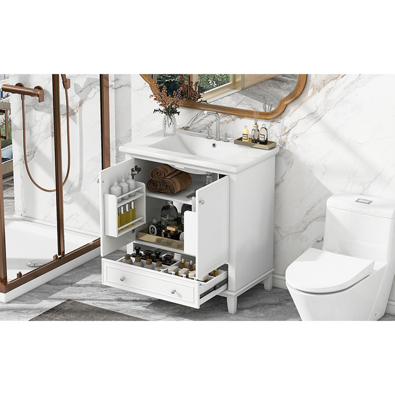 Ensemble de meuble-lavabo 30 po avec lavabo, armoire de salle de bain multifonctionnelle avec portes et tiroir, structure solide et panneau de fibres à densité moyenne