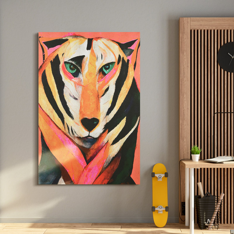 Vibrant Tiger Abstract Art on Gold Shagreen Canvas, 60" x 40"