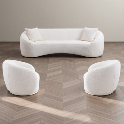 3+1+1, 93.31" Minimalist Curved Sofa, 3 Seater, White Boucle Fleece Upholstered Sofa, Tight Curved Back Cloud Couch For Living Room  Apartment Office, White