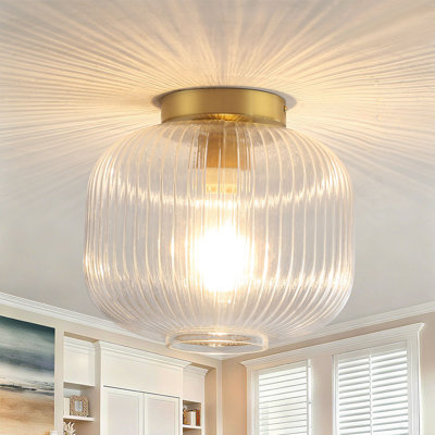 Gold Ceiling Light Fixture, Semi Flush Mount Ceiling Light Fixture With Textured Glass Shade