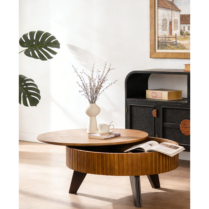 Table basse ronde avec espace de rangement, Naturel, 31.5