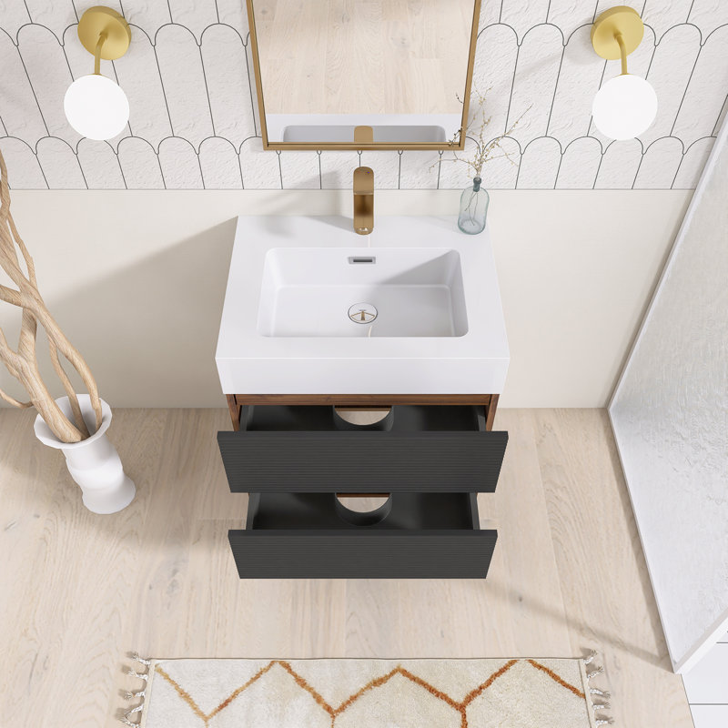 Meuble-lavabo mural simple 24 po avec surface solide 24 po, Noir/noyer, 24"