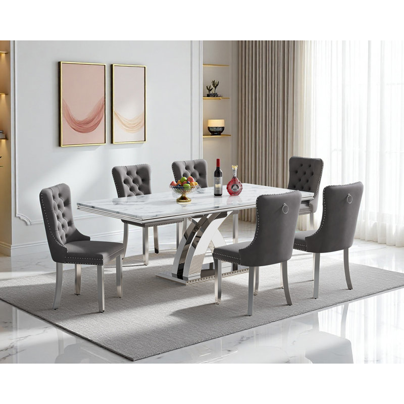 Modern 68.11" Faux Marble Dining Table Set , White Marble Dining Table with Velvet Dining Chairs, Dining Room Table and Chairs Set, Luxury Dining Table Set for Kitchen Dining
