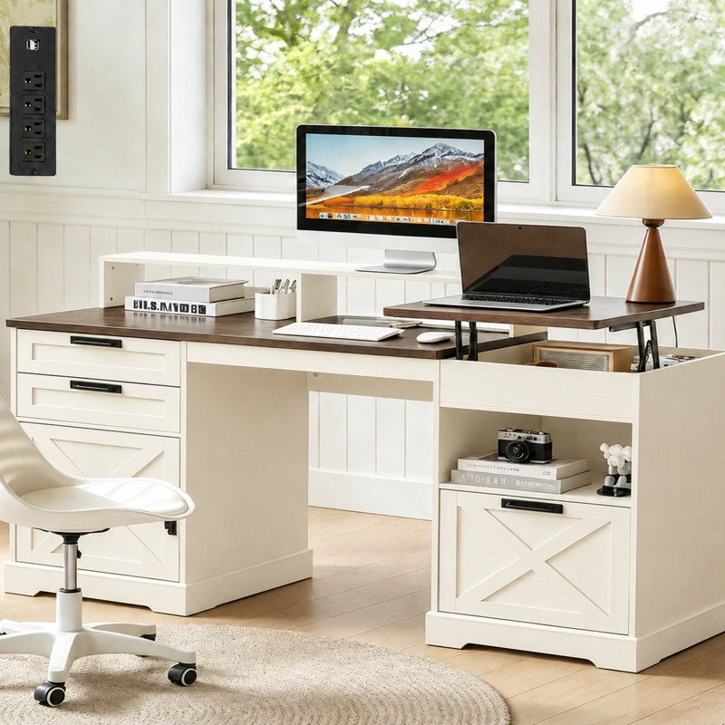 Bureau de direction 63 po Farmhouse, Blanc antique + noyer