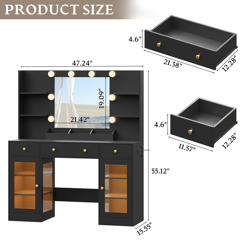 47-inch Pink Makeup Vanity Desk with LED Mirror, RGB Glass Cabinet, Power Outlet & 3 Drawers, 3 Lighting Modes, Black