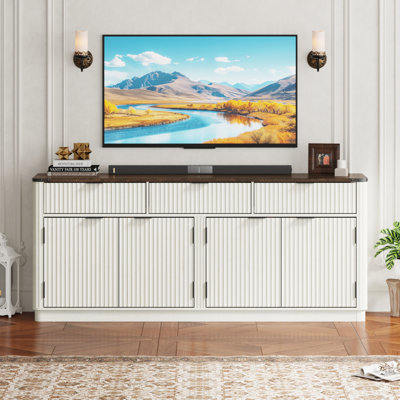 70” Large Curved Buffet Cabinet With 3 Storage Drawers And 4 Door Shelves, Kitchen Fluted Sideboard Cabinet With Load-Bearing Steel Pipe