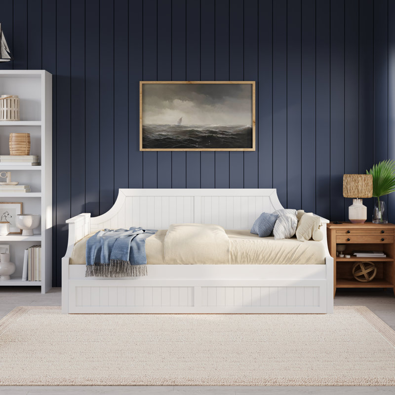 Lit de jour simple en bois massif avec lit gigogne Antavious Coastal Cottage, Blanc