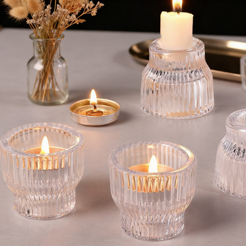 12-Pack Glass Candle Holders, Dual-Sided Taper And Tea Light Candlestick Holders For Wedding Centerpieces And Table Decorations, Thick Textured Glass Votive Holders