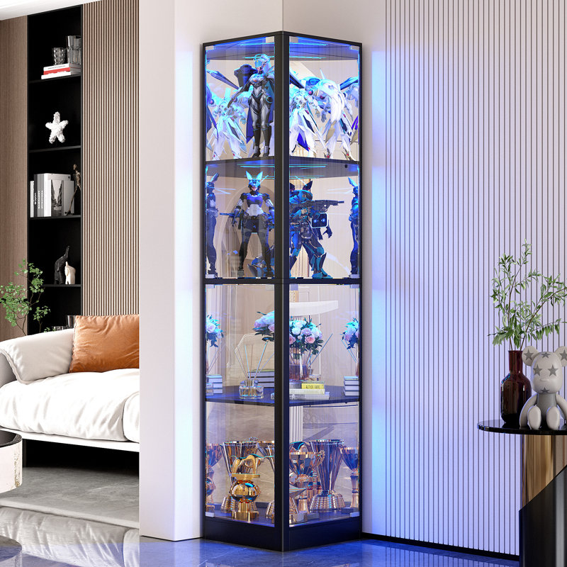 4-Tier Display Cabinet with Tri-Color Sensor Light, Black
