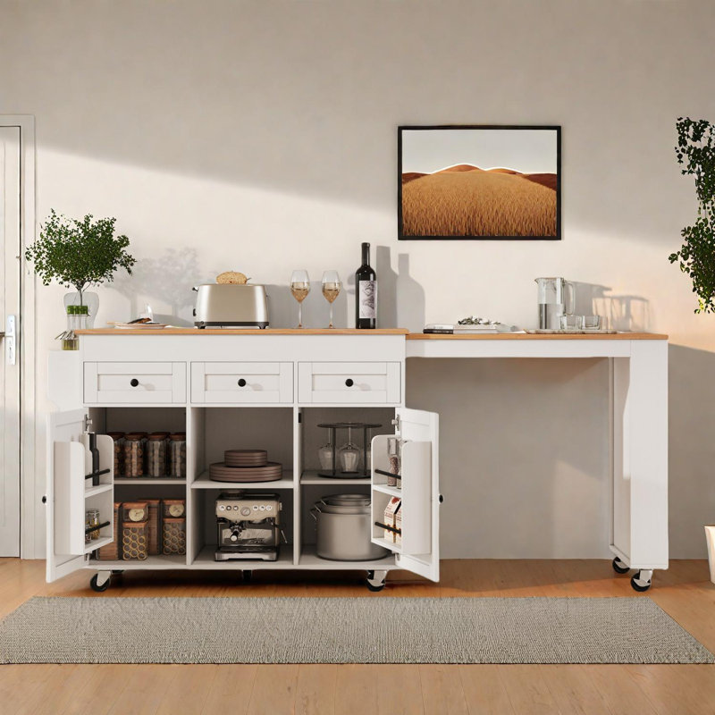 85.5" Kitchen Island with Expandable Dining Table and Storage Features, White