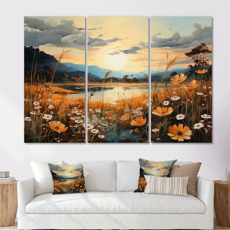 «Meadow Stream At Sunset I», ensemble d'art mural sur toile Meadow, Toile tendue, H 40 po x l 60 po x P 1 po