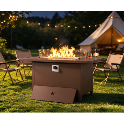 43" Aluminum Rectangular Propane Fire Pit Table with Wind Guard & Cover, Brown