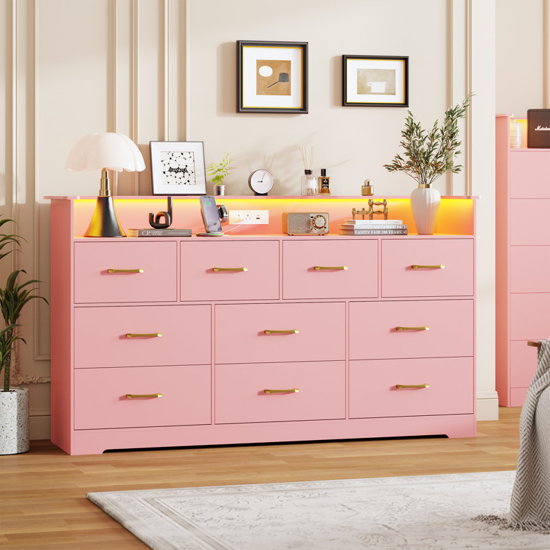 10 Drawer Dresser for Bedroom - 65” Wide Chest of Drawers with Large Storage Space and Charging Station, Modern TV Stand Organizer Cabinet with Open Shelf Table for Living Room, Hallway, Pink