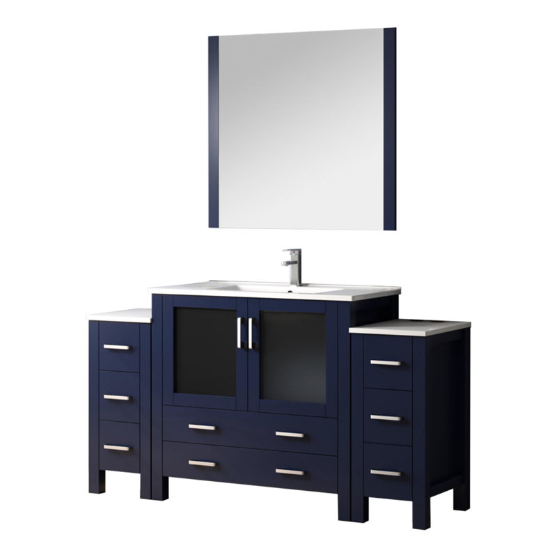Bleu marine 60 po Meuble-lavabo W avec armoires latérales, robinet à un trou, comptoir en céramique blanche et miroir de rangement mural à longue durée de vie