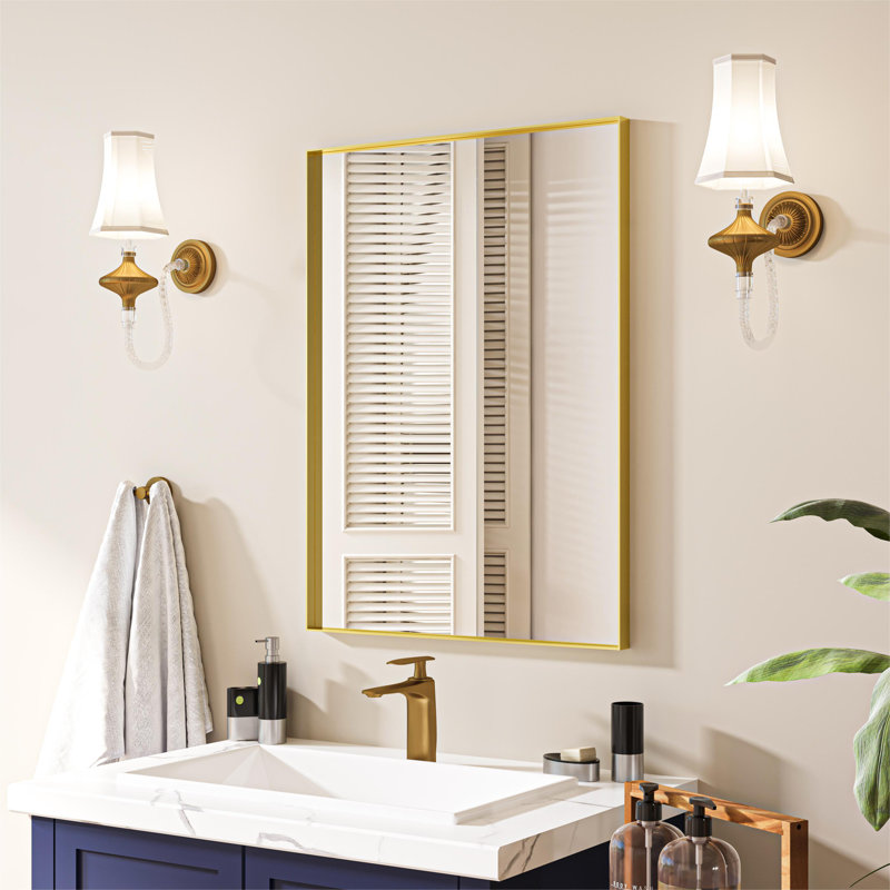 Metal Rectangle Mirror with Aluminum Frame, Bathroom Mirror with Resistant Glass, 22" x 30", Gold
