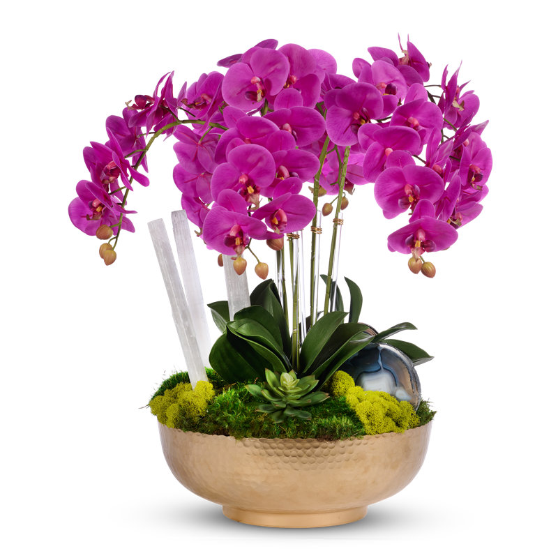 FUCHSIA ORCHIDS IN HAMMERED METAL W SELINITE AND AGATE SLABS, Pink
