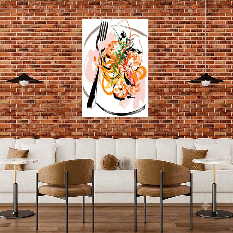 «Vibrant Shrimp Pasta», art mural moderne coloré abstrait, 48" H x 32" W