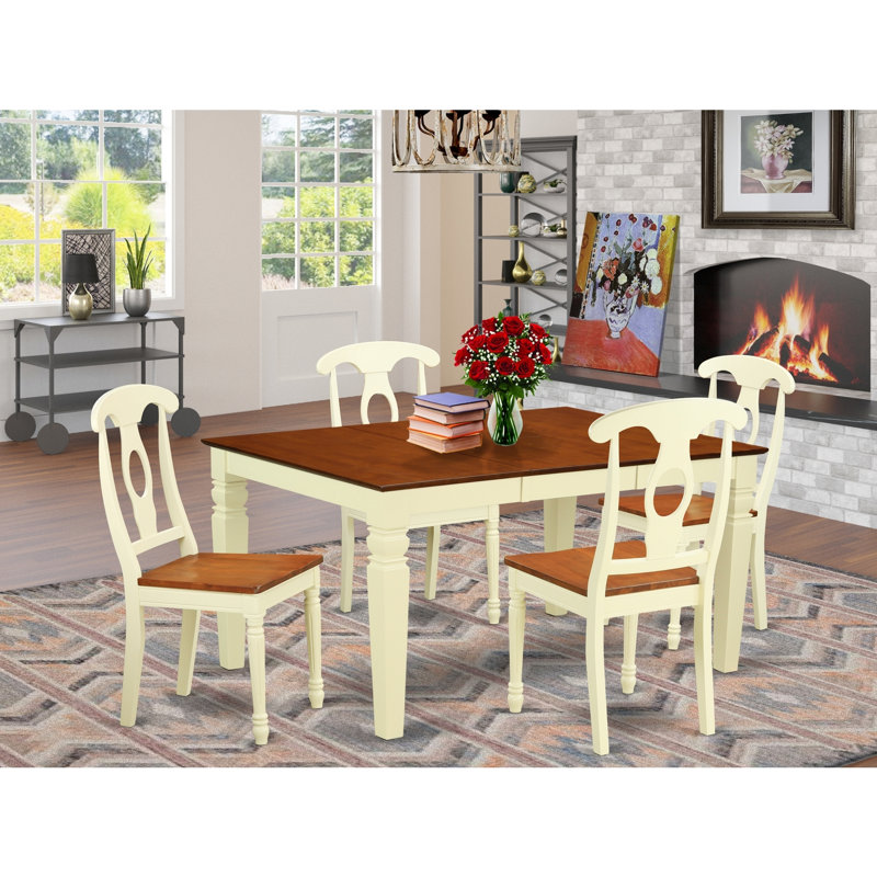 5 Piece Dining Room Table Set Includes a Rectangle Wooden Table with Butterfly Leaf and 4 Kitchen Dining Chairs, Buttermilk & Cherry