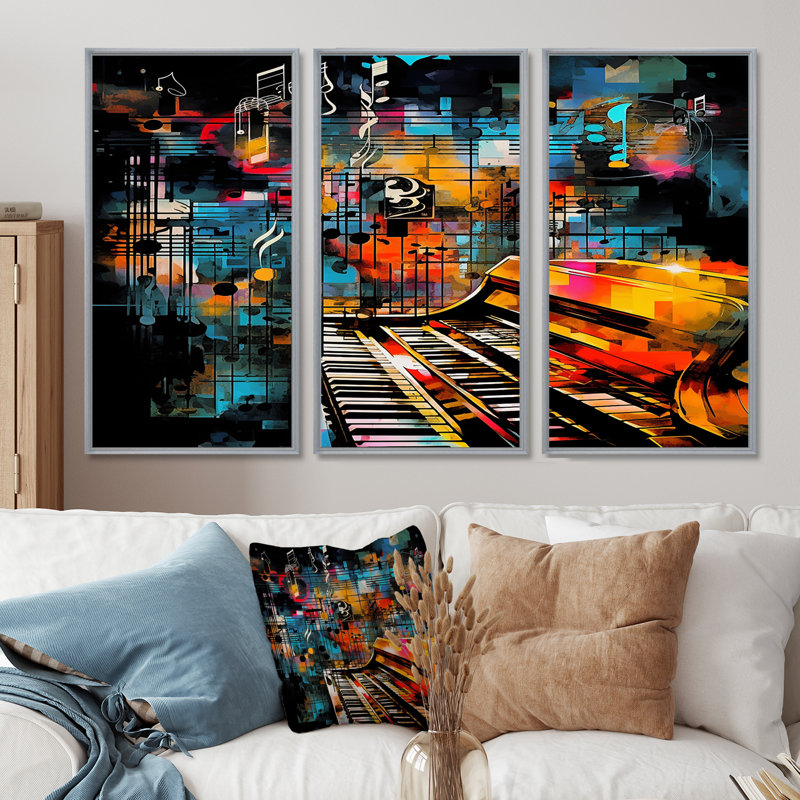 Colourful Piano Retro Collages 90S I - Ensemble de décorations murales piano, Encadrement argenté, H 32 po x l 48 po x P 1 po
